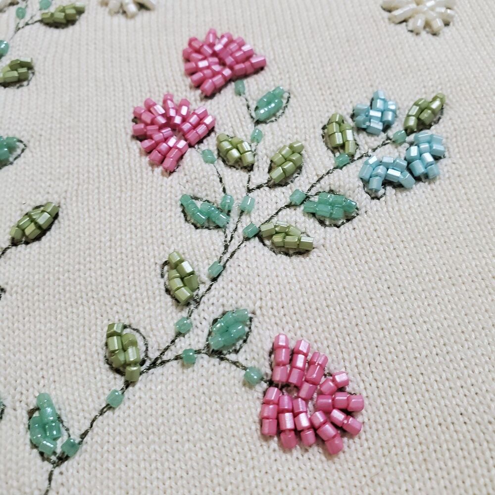 Talbots Sweater XL Floral Embellished Beaded Cream Cottagecore Knit Womens - Picture 8 of 11